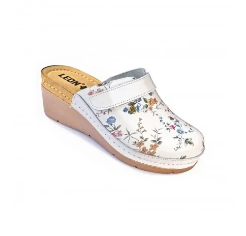Saboti ortopedici dama, din piele, Leon 1003, alb cu flori-1