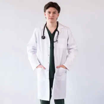 Halat medical de barbati, cu rever si capse, Lotus, alb - LHBML-1