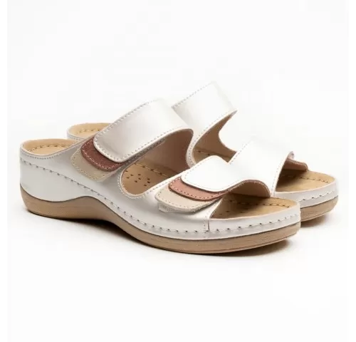 Saboti dama, de vara, din piele, Leon 904, alb perlat-1