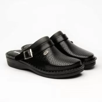 Saboti medicali, de barbati, din piele, cu bareta, Leon V202M, negru-1