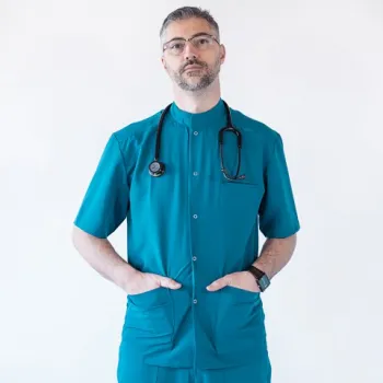 Bluza medicala cu capse, Lotus Flex, stretch, turcoaz inchis, TRS-JK7-1