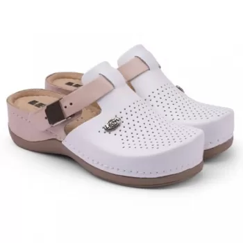 Saboti medicali, de dama, din piele, alb/somon, Leon 901-1