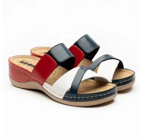 Saboti dama, din piele, de vara, Leon 909, bleumarin/alb/rosu-1