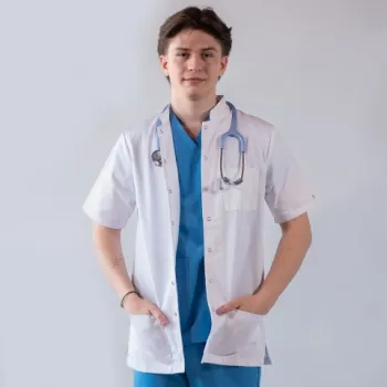 Jacheta medicala de barbati, cu guler tunica si capse, Lotus, alb - LJBMS-1
