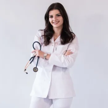 Jacheta medicala de dama, cu rever si capse, Lotus, alb - LJFML-1