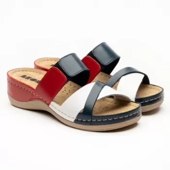 Saboti dama, din piele, de vara, Leon 909, bleumarin/alb/rosu-1