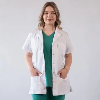 Jacheta medicala de dama, cu rever si capse, Lotus, alb - LJFMS-1