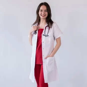 Halat medical de dama, cu rever si capse, Lotus, alb - LHFMS-1