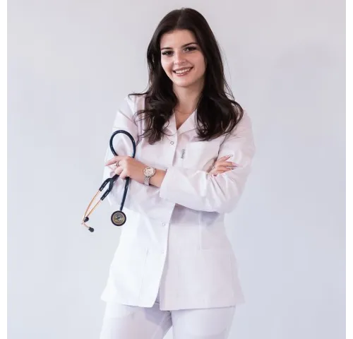 Jacheta medicala de dama, cu rever si capse, Lotus, alb - LJFML-1