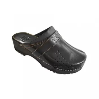 Saboti medicali unisex, din piele, cu talpa lemn si cauciuc, Leon PG500, negru-1