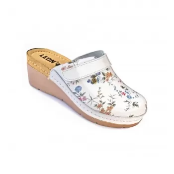 Saboti ortopedici dama, din piele, Leon 1003, alb cu flori-1