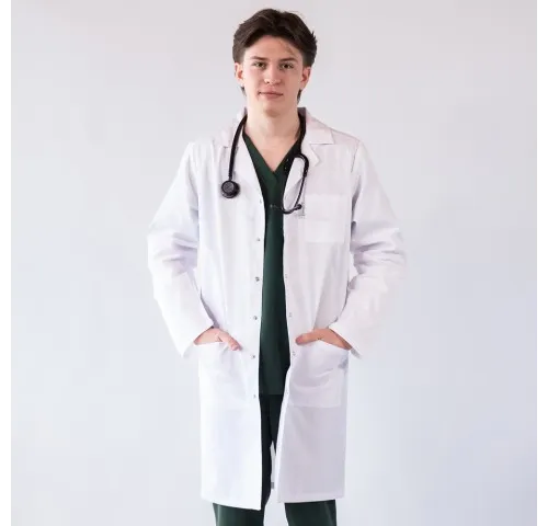 Halat medical de barbati, cu rever si capse, Lotus, alb - LHBML-1