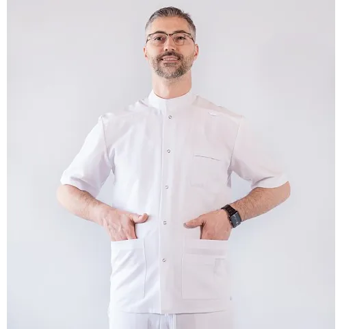 Bluza medicala cu capse, Lotus Flex, stretch, alb, TRS-JK7-1