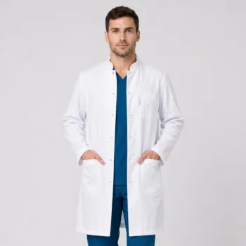 Halat medical de barbati, cu guler tunica si capse, Lotus, alb - LHBML-1