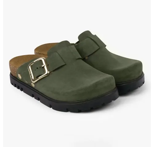 Saboti medicali, de dama, din piele, cu bareta, Leon 6006, verde-1