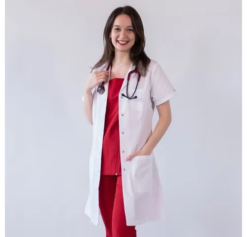 Halat medical de dama, cu rever si capse, Lotus, alb - LHFMS-1