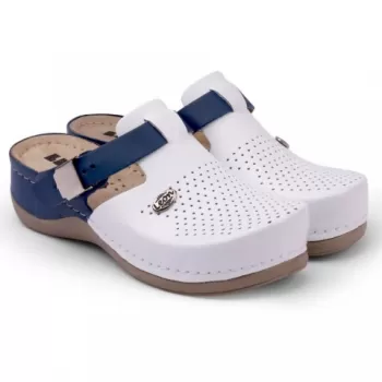 Saboti medicali, de dama, din piele, alb/bleumarin, Leon 901-1