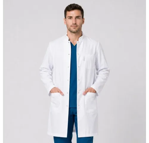 Halat medical de barbati, cu guler tunica si capse, Lotus, alb - LHBML-1