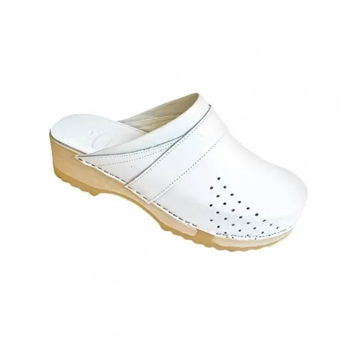 Saboti medicali unisex, din piele, cu talpa lemn si cauciuc, Leon PG500, alb-1