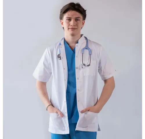 Jacheta medicala de barbati, cu guler tunica si capse, Lotus, alb - LJBMS-1