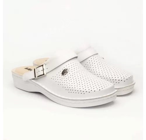 Saboti medicali, de barbati, din piele, cu bareta, Leon V202M, alb-1