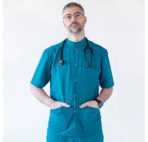 Bluza medicala cu capse, Lotus Flex, stretch, turcoaz inchis, TRS-JK7-1